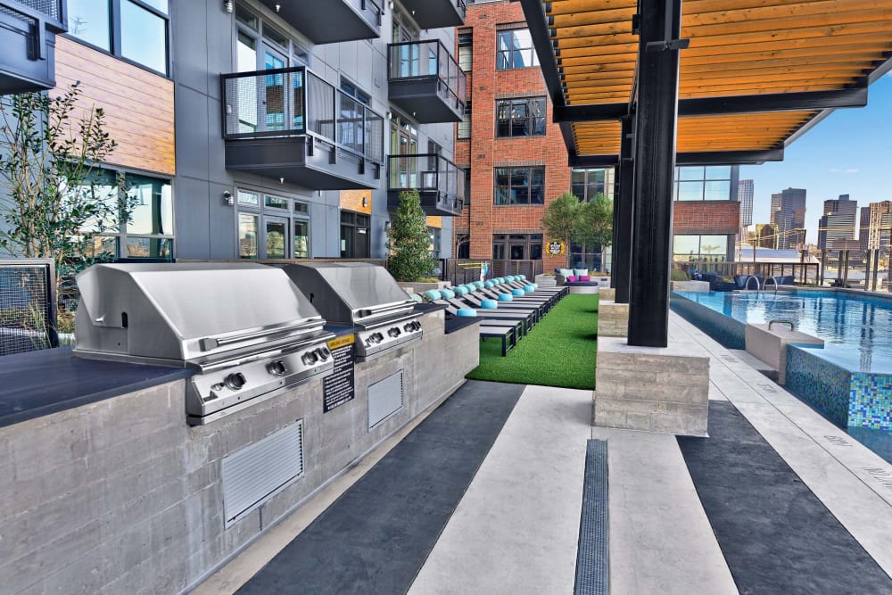 Grill area next to the pool at Indie Deep Ellum in Dallas, Texas