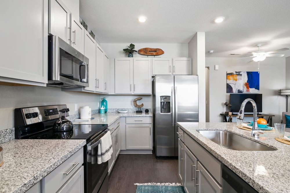 Stainless steel appliances and wood style flooring in the kitchen at BB Living at Murphy Creek in Aurora, Colorado