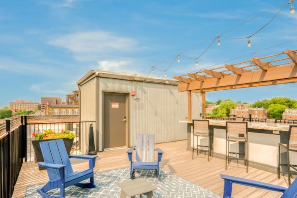 Outdoor grilling station on the rooftop patio at Steelyard Apartments in St. Louis, Missouri