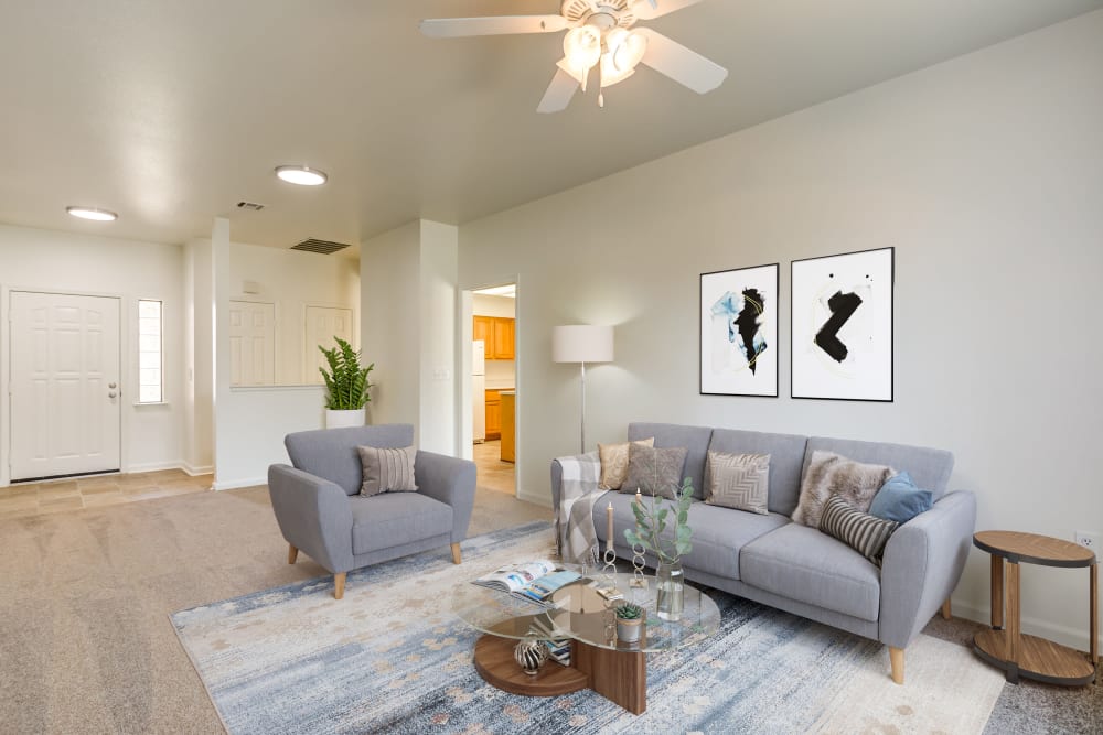 Furnished living room in a home at Constellation Park in Lemoore, California