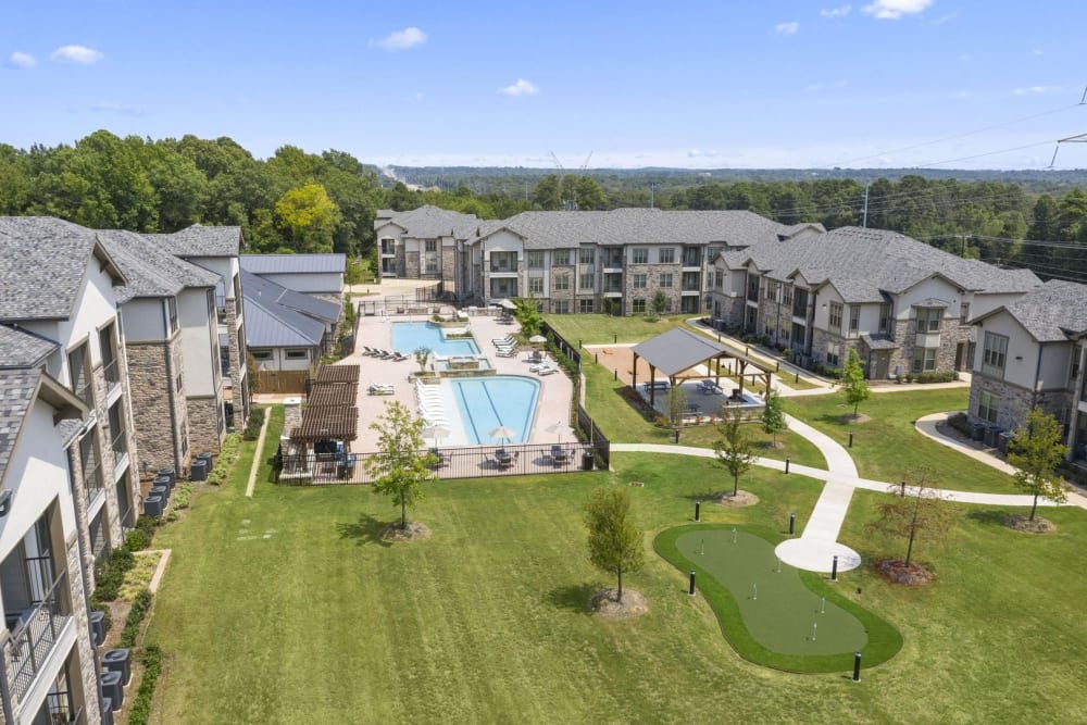 Aerial view of the walking paths and community at Auberge of Tyler in Tyler, Texas