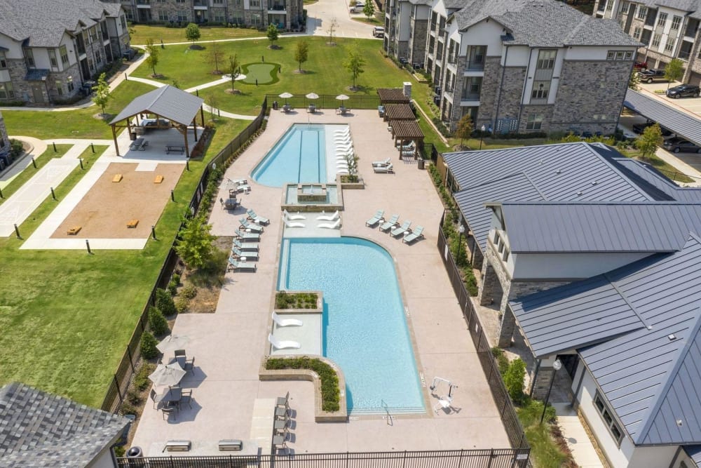 Aerial view of the pool and buildings at Auberge of Tyler in Tyler, Texas
