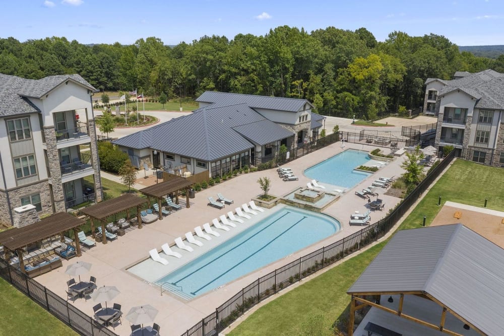Aerial view of the grill area and pool at Auberge of Tyler in Tyler, Texas