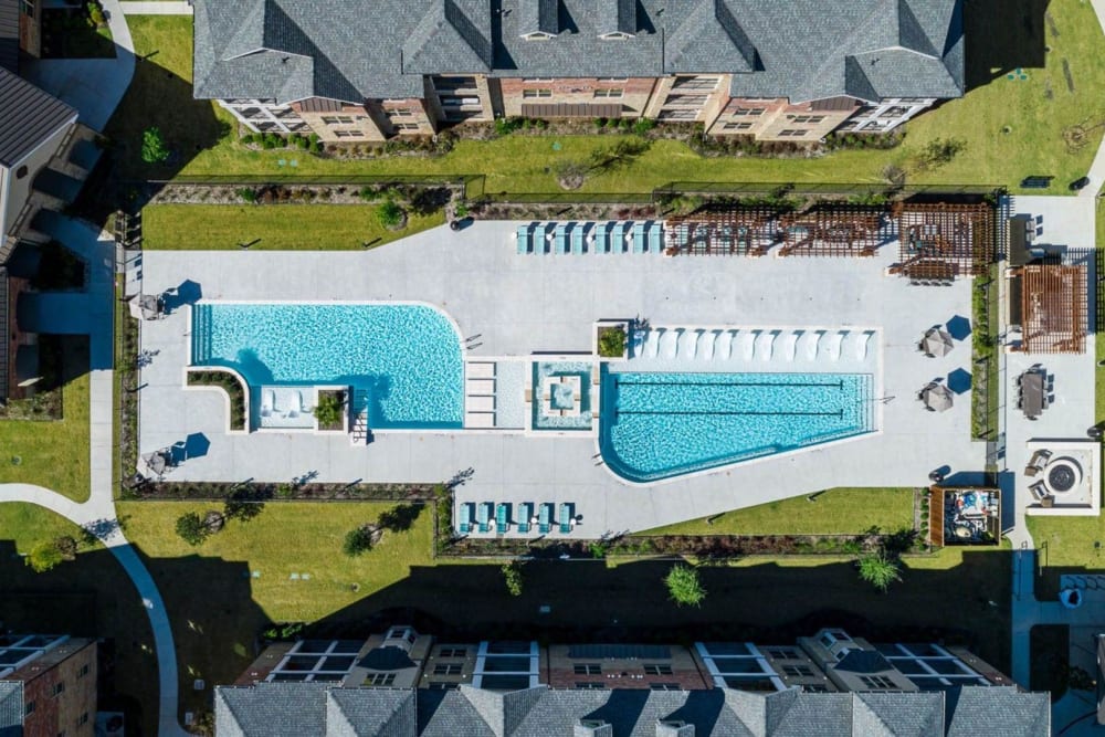 Aerial view of the pools and courtyard at Auberge of Burleson in Burleson, Texas