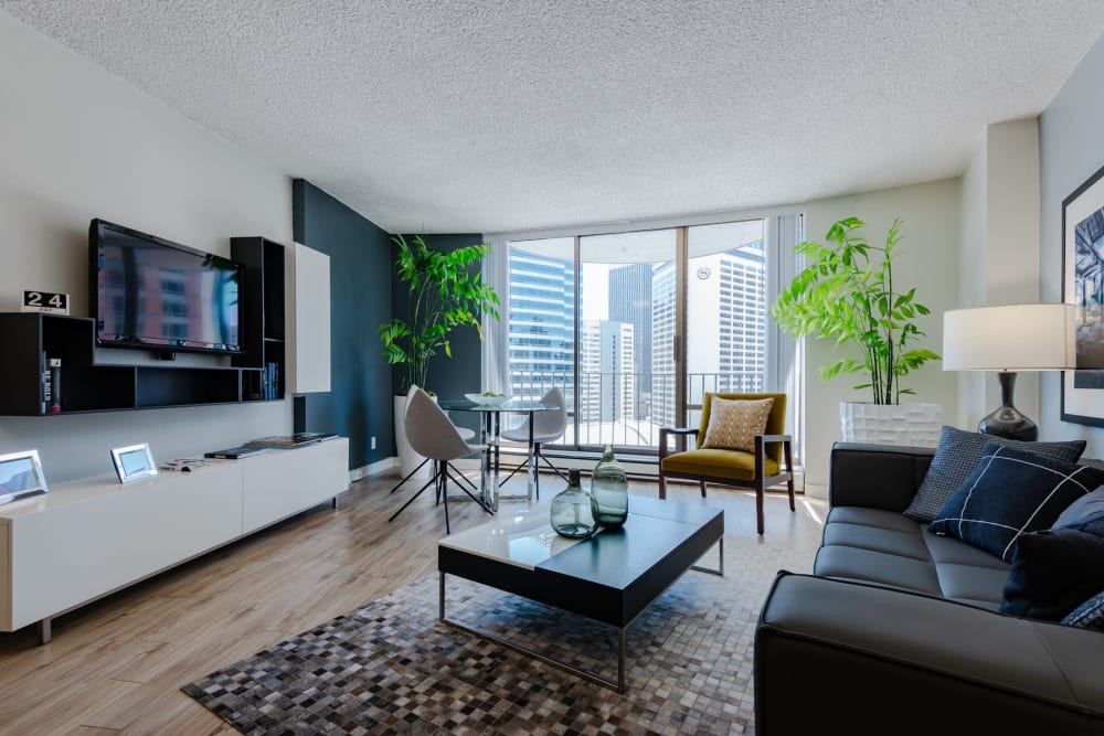 Well-furnished living space in a model apartment at Tower 801 in Seattle, Washington