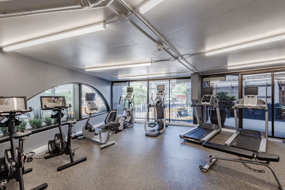 Cardio machines galore in the fitness center at Tower 801 in Seattle, Washington