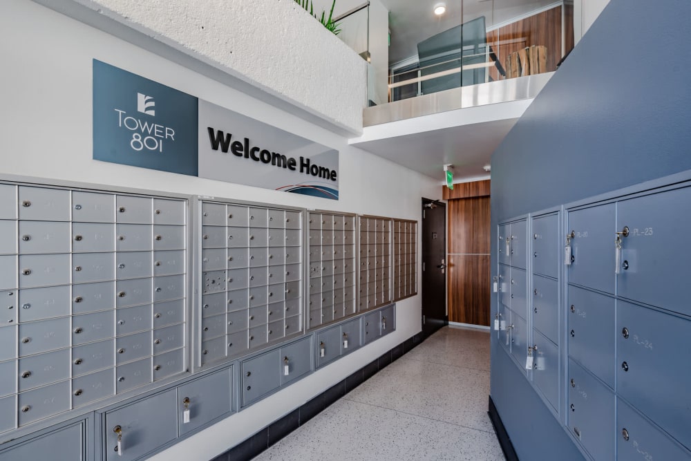 Conveniently located personal mailboxes in the lobby at Tower 801 in Seattle, Washington