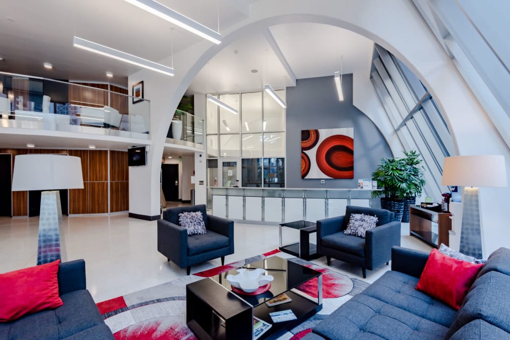 Lounge area in the lobby at Tower 801 in Seattle, Washington