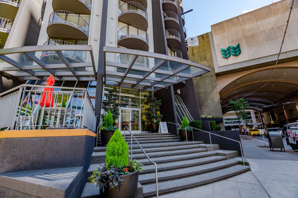 Exterior view of the entrance to our luxurious high-rise community at Tower 801 in Seattle, Washington