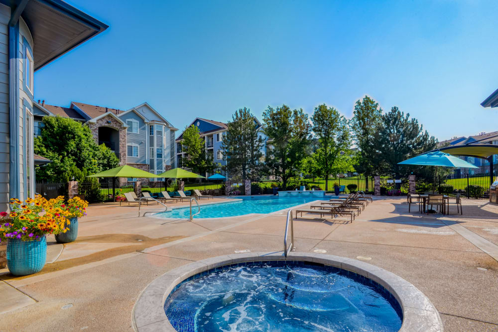 Spa and resort-style swimming pool at Dove Valley Apartments in Englewood, Colorado