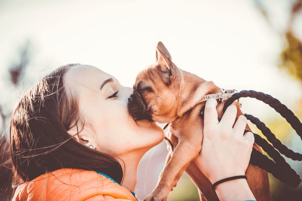 Woman picking up her dog and giving him a big kiss at The Flats at West Broad Village in Glen Allen, Virginia