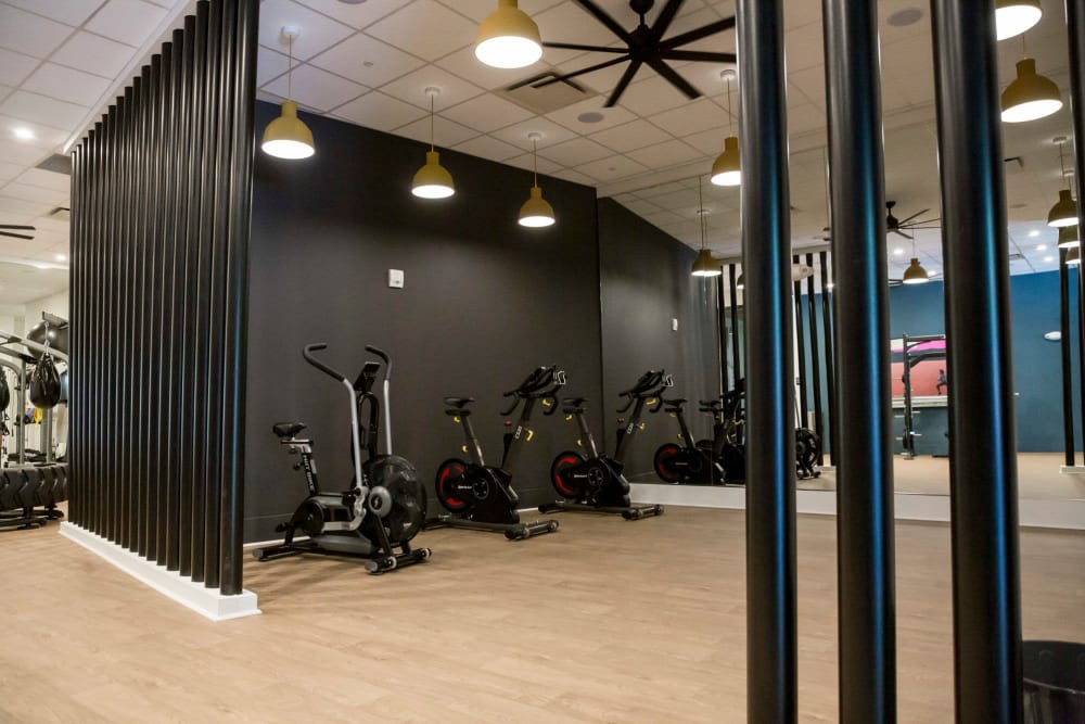 Cardio area with stationary bikes in the fitness center at The Flats at West Broad Village in Glen Allen, Virginia