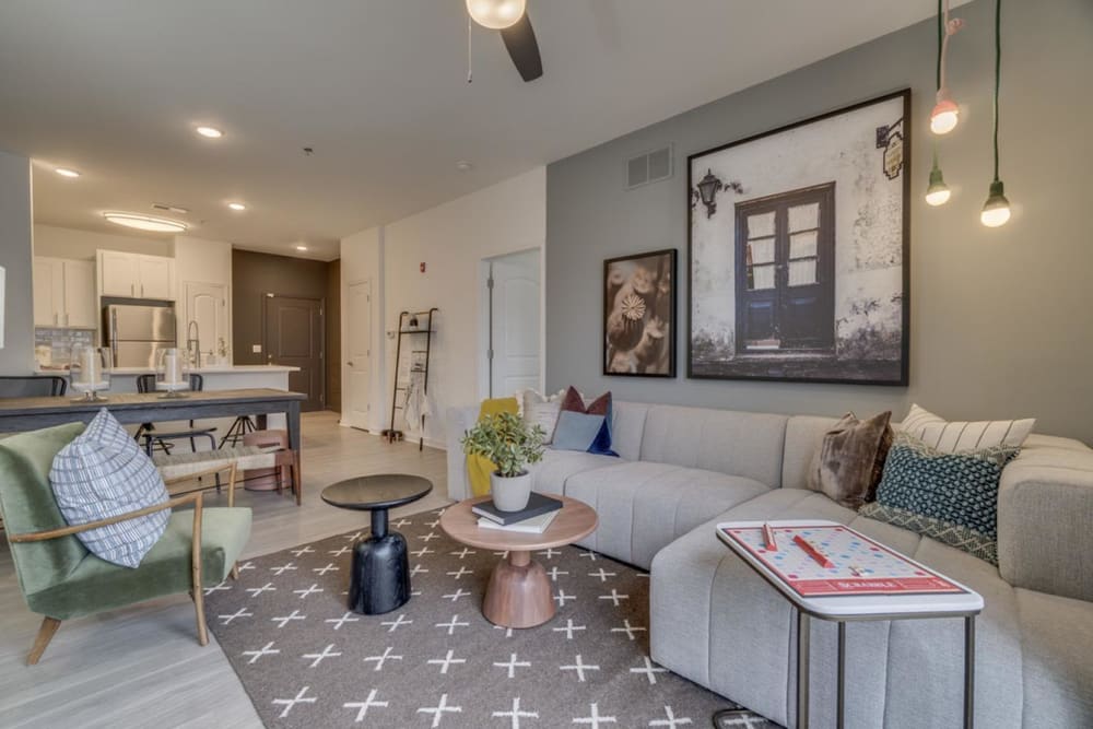 Cute area rug in the spacious living room in a model home at The Flats at West Broad Village in Glen Allen, Virginia