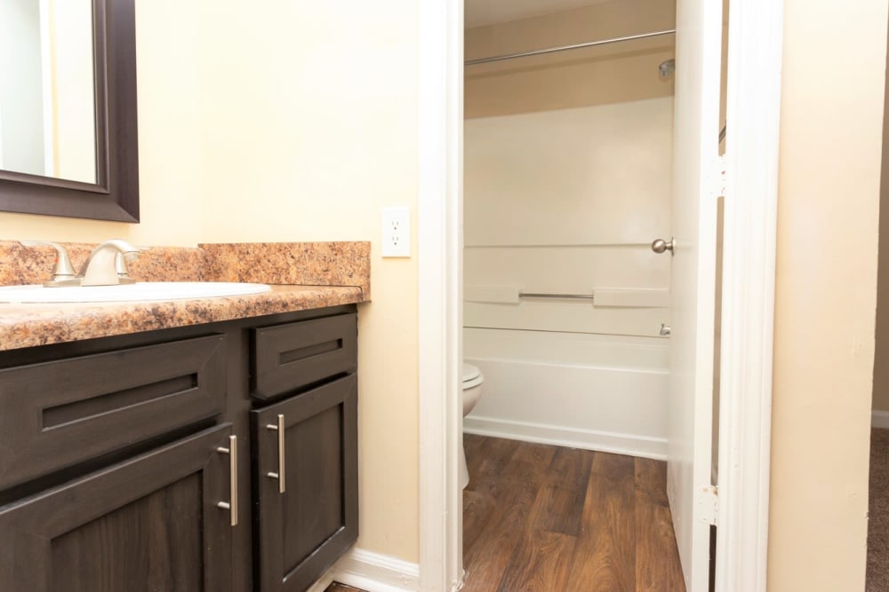 Bathroom vanity with framed mirror and and separate shower at Lake Crossing in Austell, Georgia
