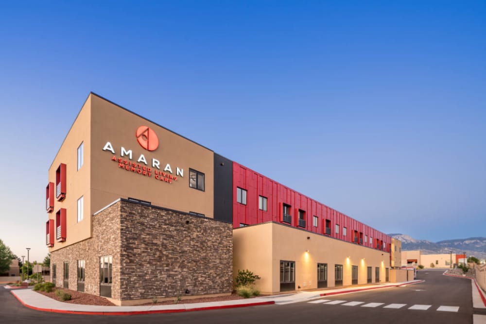 Exterior of building a large logo on the building at Amaran Senior Living in Albuquerque, New Mexico