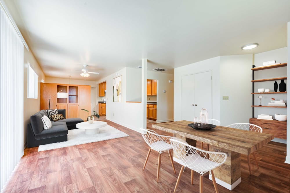 A furnished living room with wood floors at Santa Cruz in Point Mugu, California