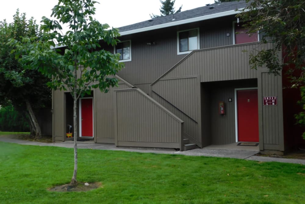 Red doors on apartments at Oakbrook Apartments in Vancouver, Washington