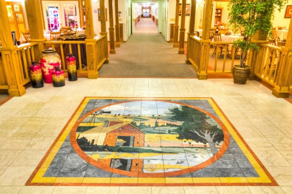 Closeup of the lobby's mosaic at Addington Place of Fairfield in Fairfield, Iowa