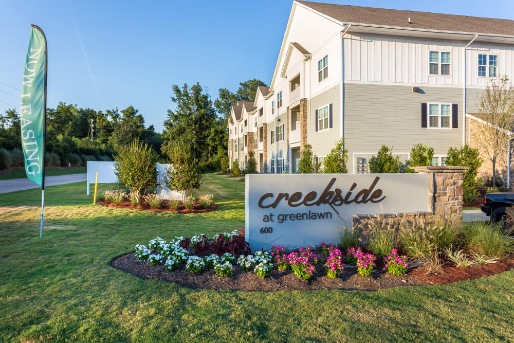 Signage at the main entrance to Creekside at Greenlawn Apartment Homes in Columbia, South Carolina