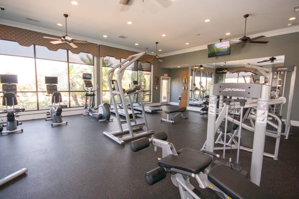State-of-the-art fitness center with a variety of cardio and strength training equipment at Estates at McDonough Apartment Homes in McDonough, Georgia