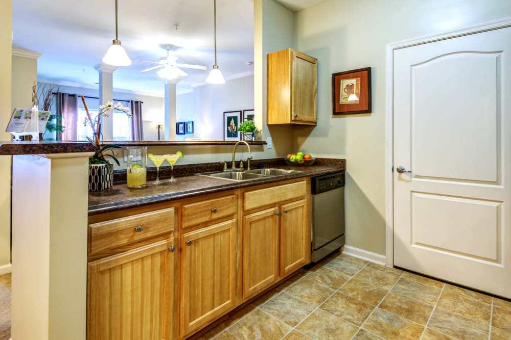 Kitchen with dishwasher, designer cabinetry, and double stainless steel sink at Carden Place Apartment Homes in Mebane, North Carolina