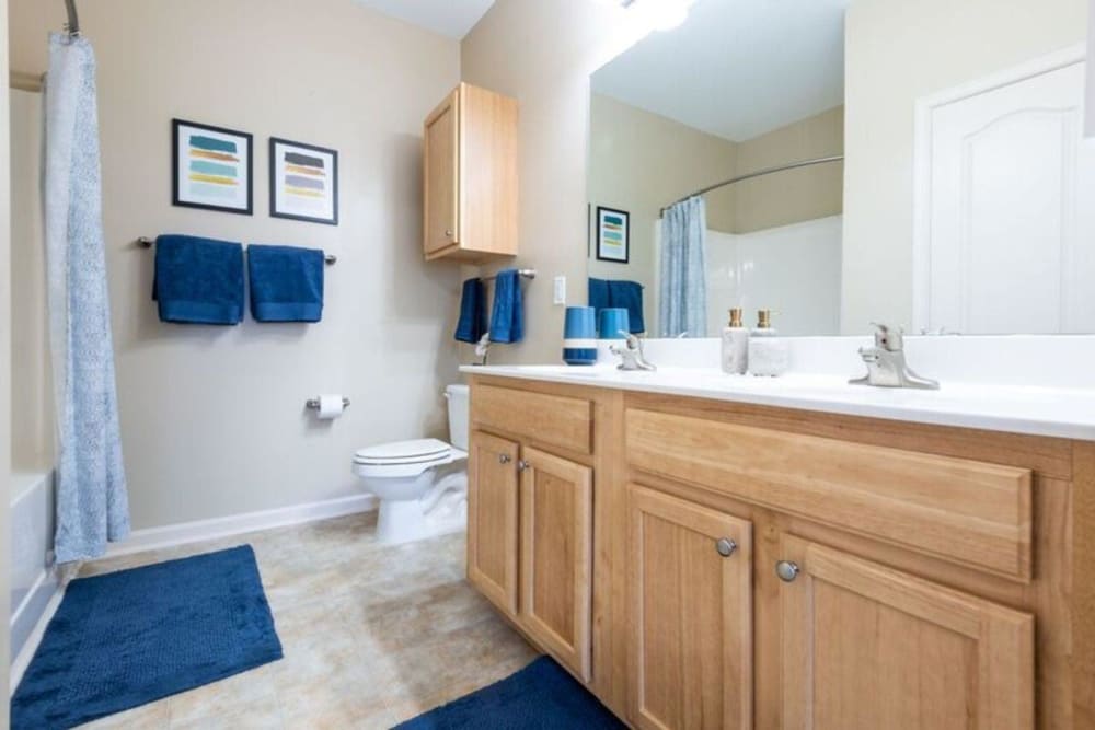 Model bathroom with double sink vanity, plenty of storage space, and a tub/shower combination at Carden Place Apartment Homes in Mebane, North Carolina