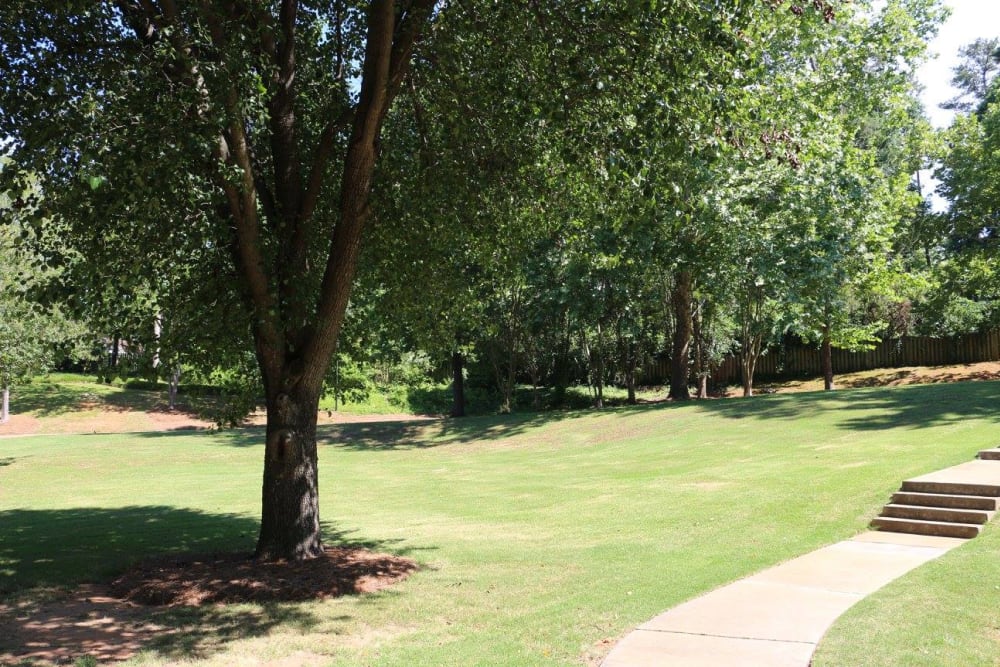 Expansive greenspace and mature trees on the grounds of The Waterford Apartments in Columbia, South Carolina