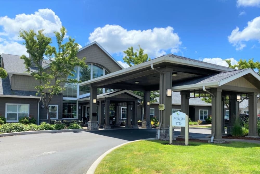 Entryway on a sunny day at Evergreen Memory Care in Eugene, Oregon. 