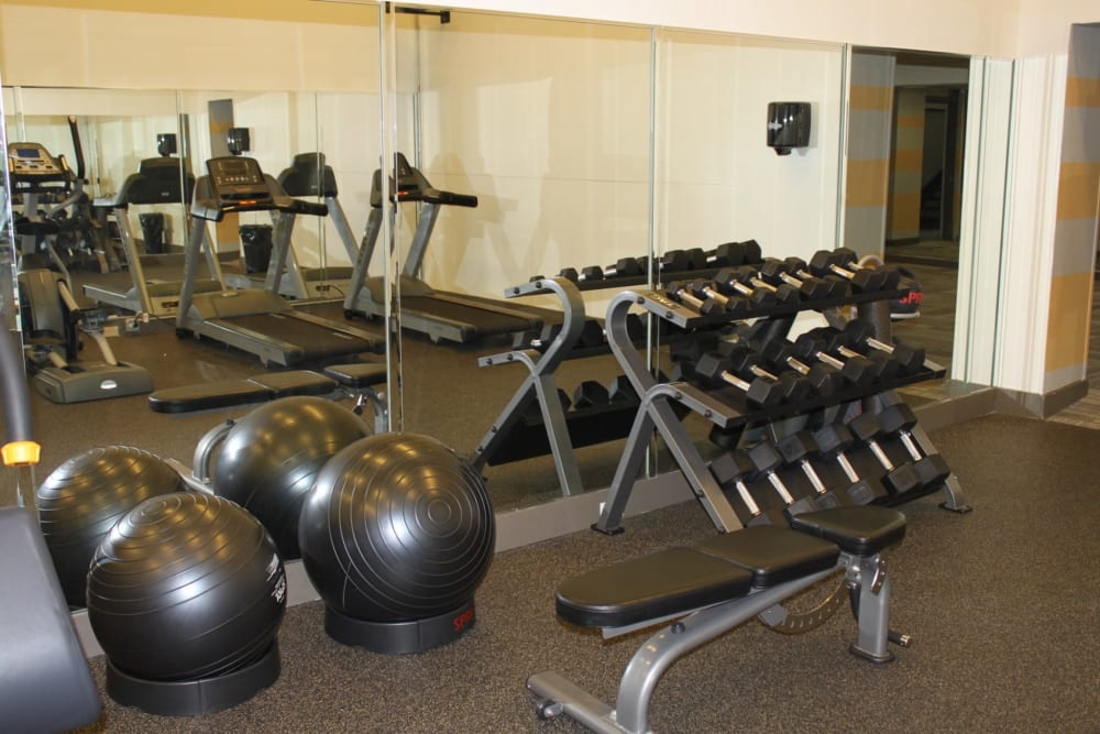 Fitness center with weights at St. Andrews Commons Apartment Homes in Columbia, South Carolina.