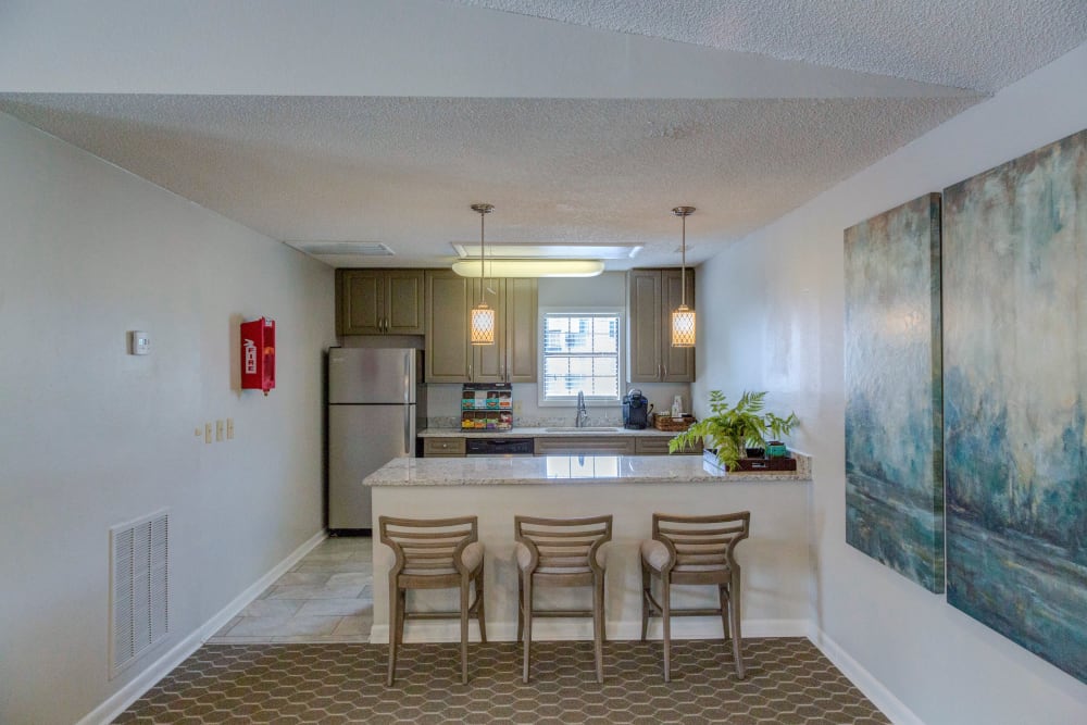 Kitchen with counter seating in the clubhouse of Morganton Place Apartment Homes in Fayetteville, North Carolina