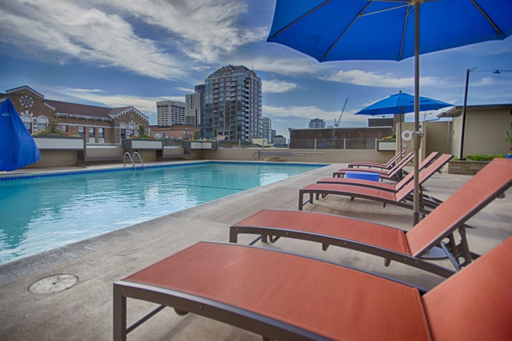 Poolside lounge seating at Panorama Apartments in Seattle, Washington