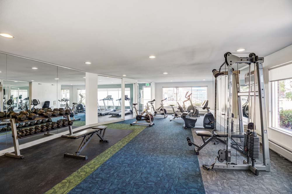A modern fitness gym at Ten 30 and 49 Apartments in Broomfield, Colorado