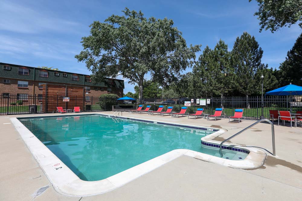 A luxury pool at Ten 30 and 49 Apartments in Broomfield, Colorado