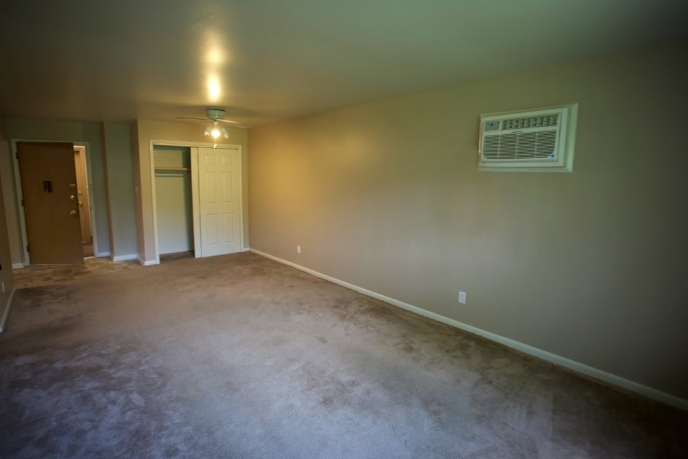 Expansive carpeted living room with a linen closet and ceiling fan at Montgomery Plaza in Cincinnati, Ohio