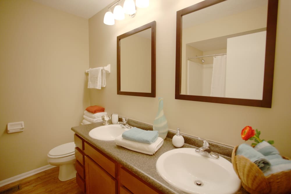 Model bathroom with double vanity at Lakeside at the Sanctuary in Columbus, Ohio
