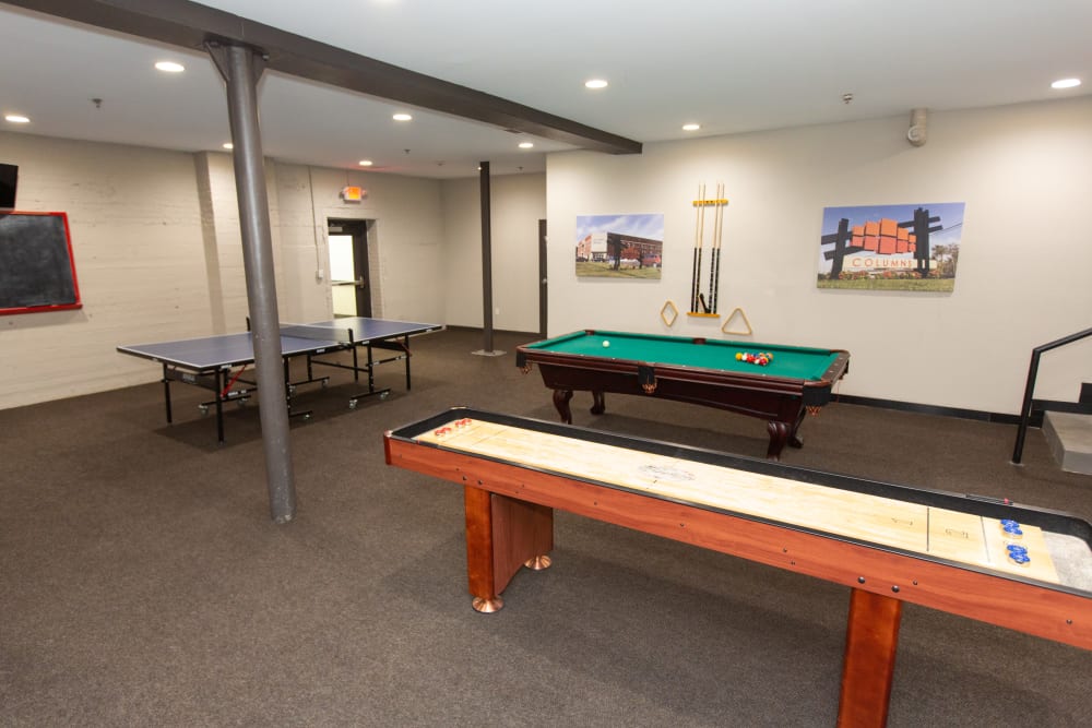 Game room with ping pong, billiards and shuffleboard at Columns in Bowling Green, Kentucky