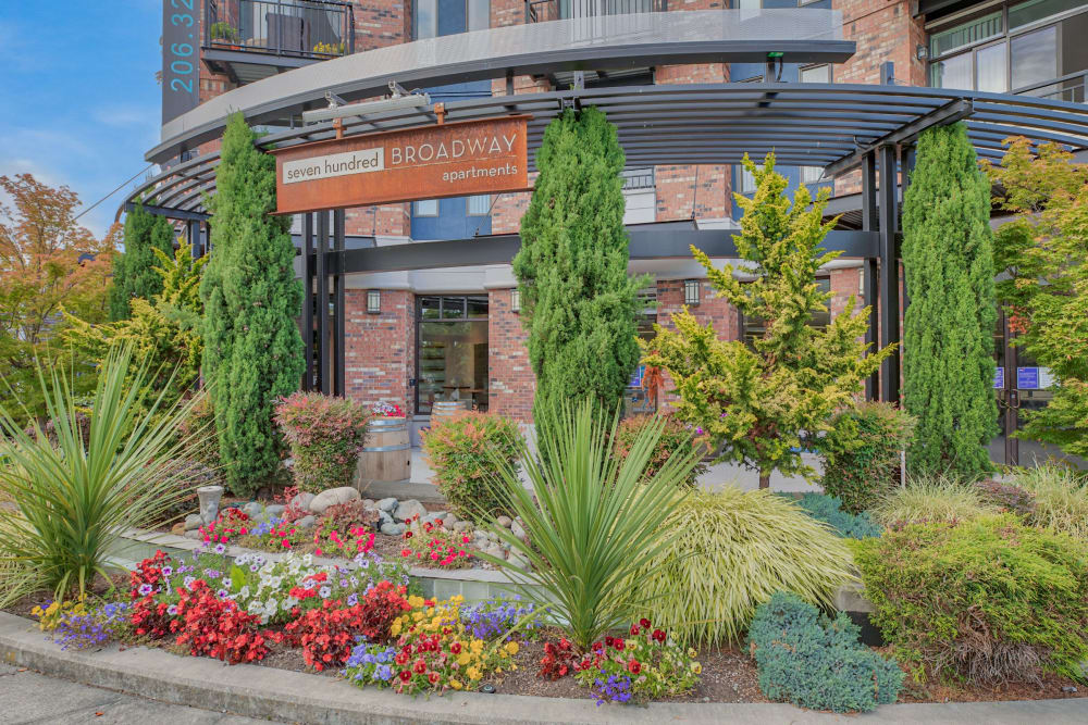Professionally maintained landscaping outside the entrance to our urban community at 700 Broadway in Seattle, Washington