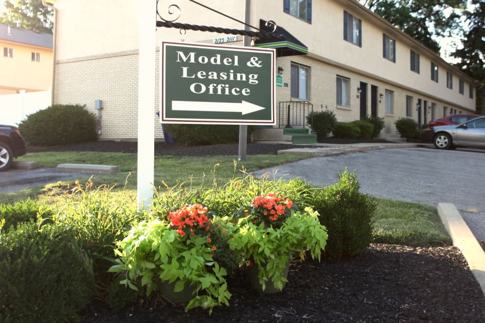Signage for the model home and leasing office at the entrance to Riverdale Plaza in Columbus, Ohio