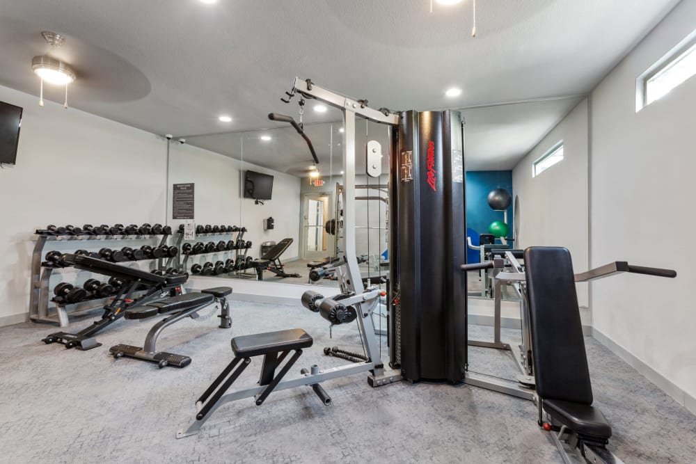 Weights in the fitness center at 505 West Apartment Homes in Tempe, Arizona