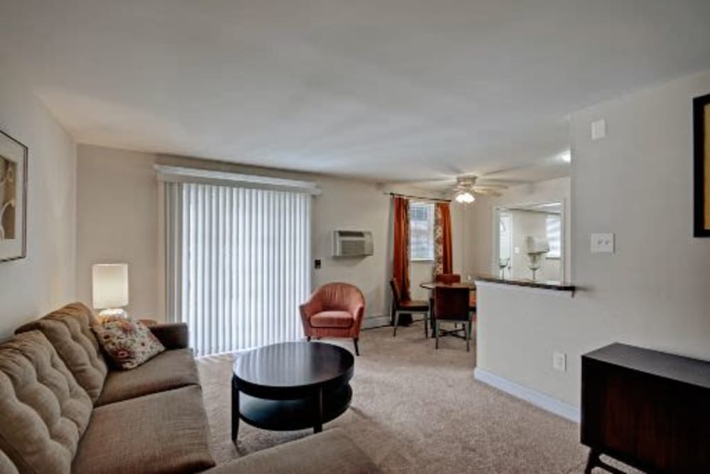 View of the dining room from the living room at Ridley Brook Apartments in Folsom, Pennsylvania