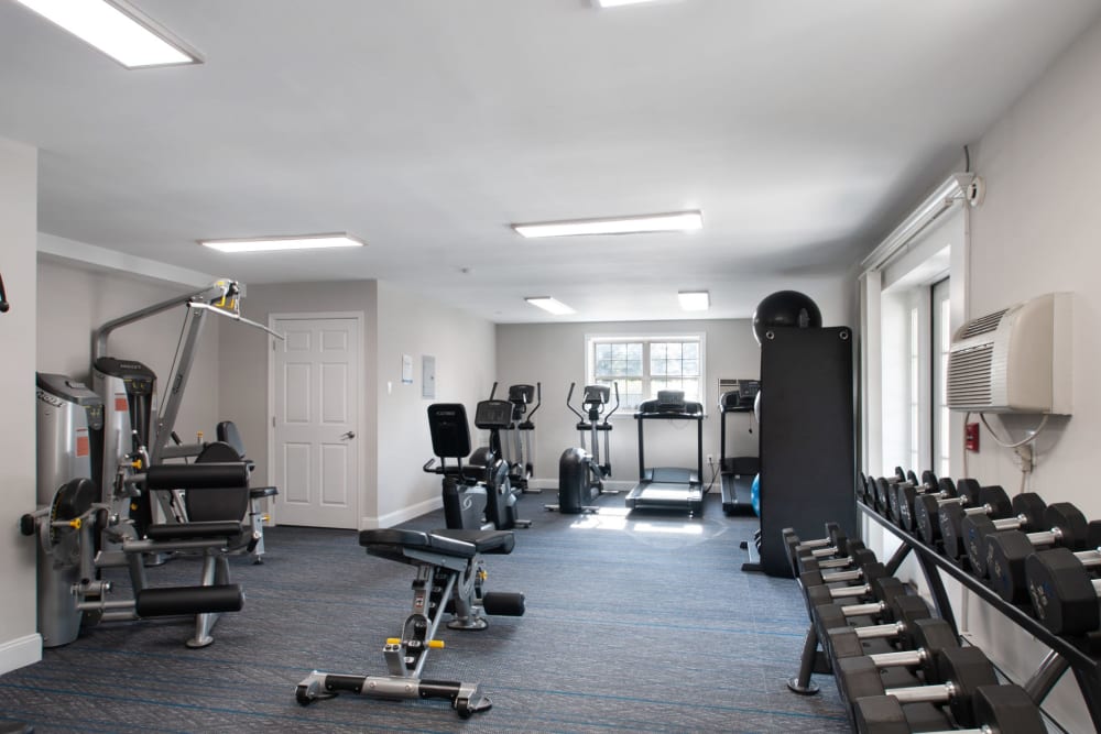 Free weights in the fitness center at Ridley Brook Apartments in Folsom, Pennsylvania