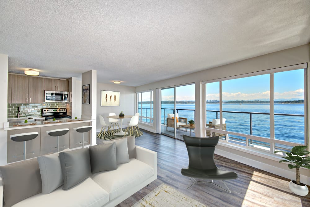 Living room with view of water at Lakefront on Washington in Seattle, Washington