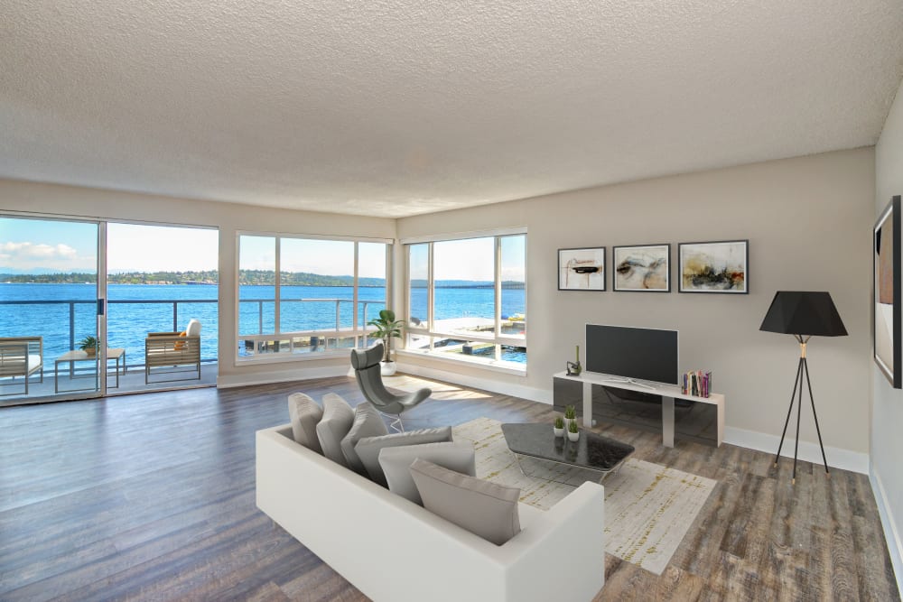Living room with a view of the water at Lakefront on Washington in Seattle, Washington