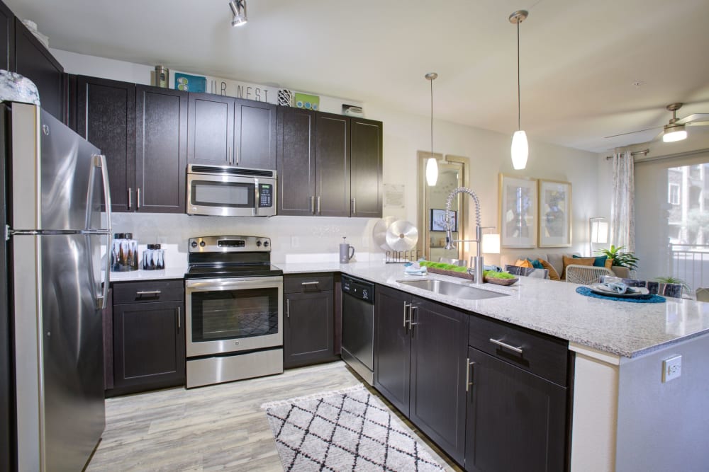 Model kitchen with dark colored cabinets at Luxe Scottsdale Apartments in Scottsdale, Arizona