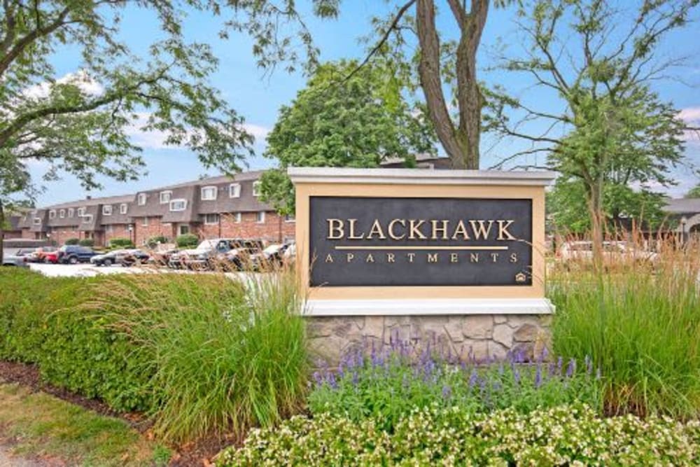 Blackhawk Apartments sign in Elgin, Illinois