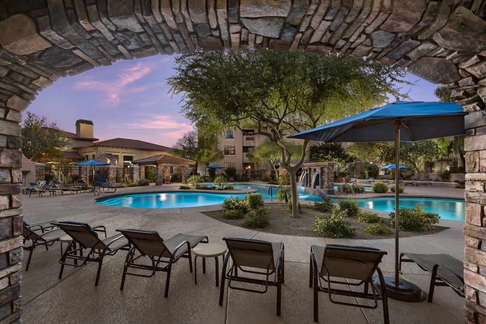 Beautiful swimming pool at dusk at San Norterra in Phoenix, Arizona