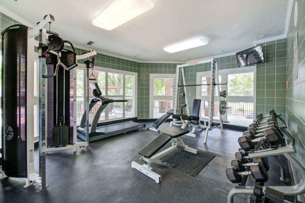 Free weights in the fitness center at Britton Woods in Dublin, Ohio