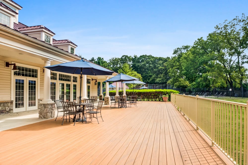 Shaded outdoor seating at Frazer Crossing in Malvern, Pennsylvania