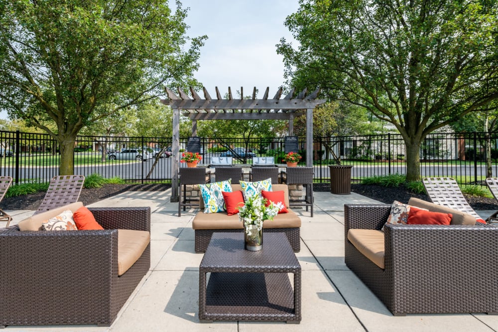 Outdoor lounge seating at Heritage Green in Hilliard, Ohio