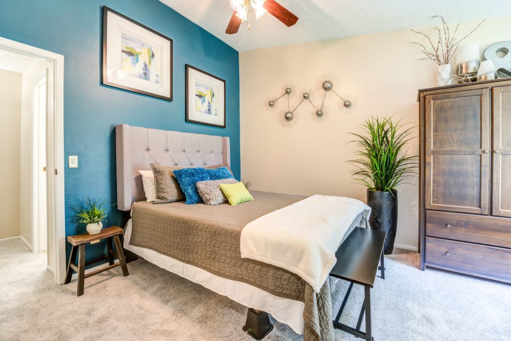 Decorated model bedroom at Hickory Creek in Columbus, Ohio